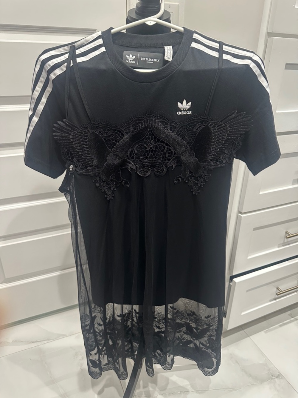 adidas Black Lace-Overlay Tee Dress with White Stripes